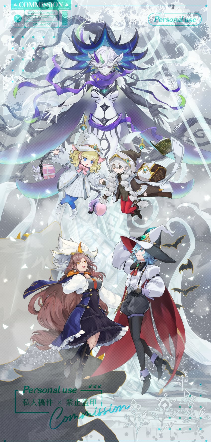 diabellstar the black witch, diabellze the original sinkeeper, astellar of the white forest, elzette of the white forest, silvy of the white forest, and 2 more (yu-gi-oh!) drawn by hsin