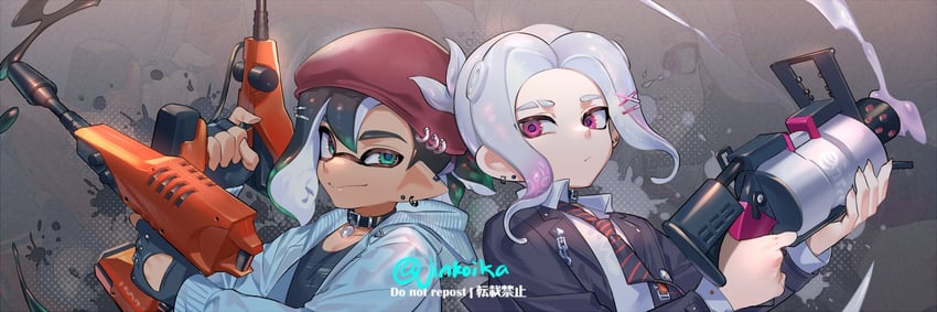inkling player character, octoling player character, inkling boy, and octoling boy (splatoon) drawn by jinkoika