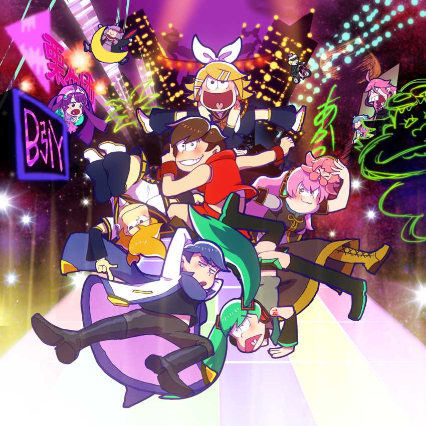 hatsune miku, kagamine rin, kagamine len, megurine luka, yuzuki yukari, and 8 more (vocaloid and 3 more) drawn by wiba_y