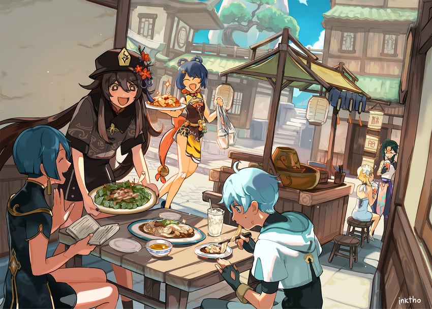 lumine, hu tao, xiao, xingqiu, chongyun, and 1 more (genshin impact) drawn by katy_ho
