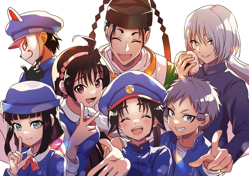 houjou tokiyuki, suwa yorishige, mochizuki ayako, shizuku, fubuki, and 2 more (nige jouzu no wakagimi) drawn by piyopuni0521