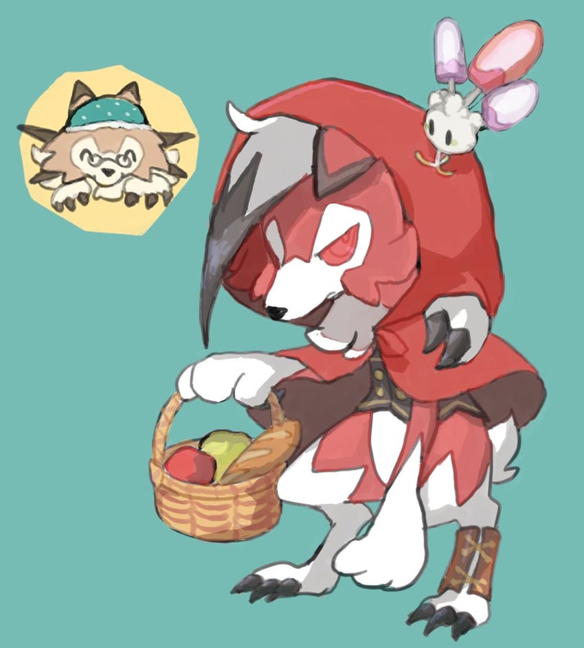little red riding hood, lycanroc, and morelull (pokemon and 1 more) drawn by oisisabatugun