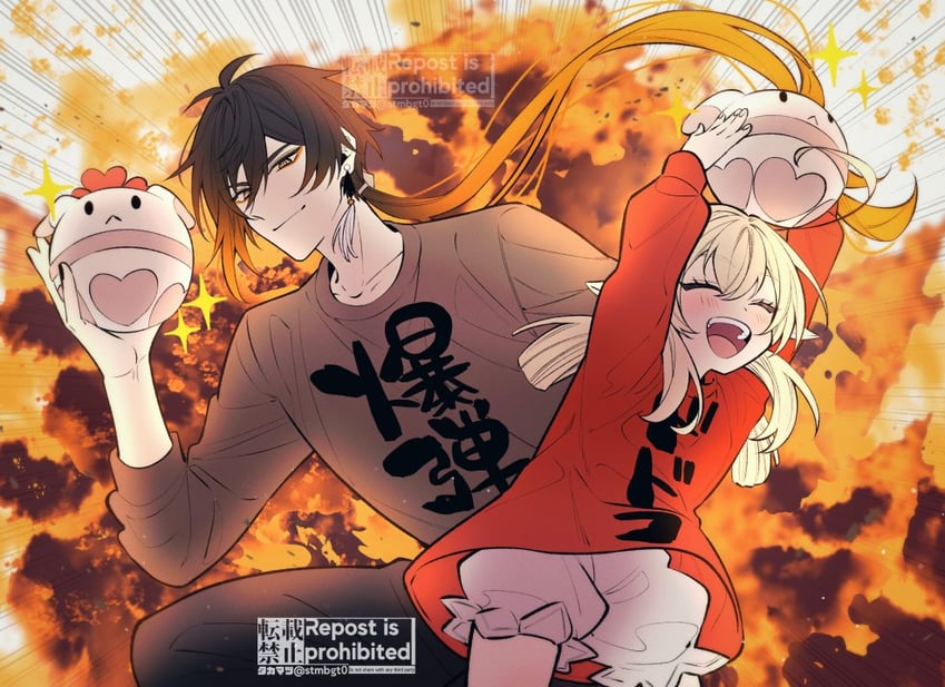 zhongli, klee, and jumpy dumpty (genshin impact) drawn by takamatsu_(yamajiai)