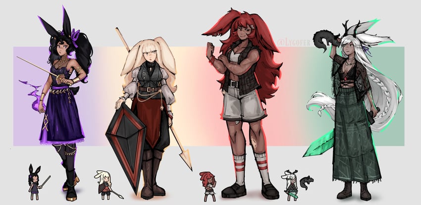 ancient rabbit, defender rabbit, spellsword rabbit, and bruiser rabbit (rabbit and steel) drawn by lygofer