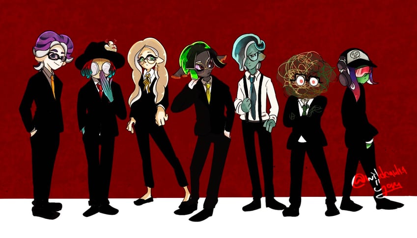 dedf1sh, tosh, zuzu, kiki, tangle feeder, and 2 more (splatoon) drawn by wildcard1_4