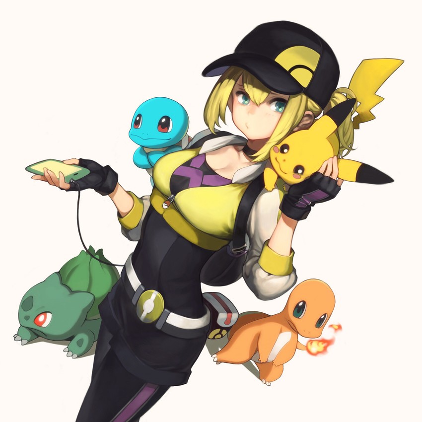 pikachu, bulbasaur, squirtle, charmander, and female protagonist (pokemon and 1 more) drawn by jun_(navigavi)
