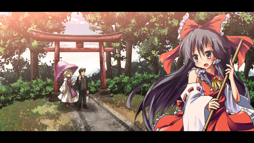 hakurei reimu, yakumo yukari, and zun (touhou) drawn by ryogo