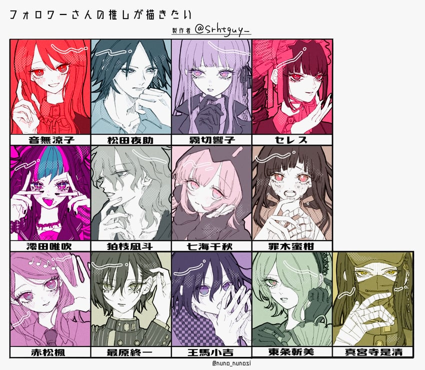 nanami chiaki, oma kokichi, saihara shuichi, komaeda nagito, akamatsu kaede, and 8 more (danganronpa and 4 more) drawn by c_(srhtguy)