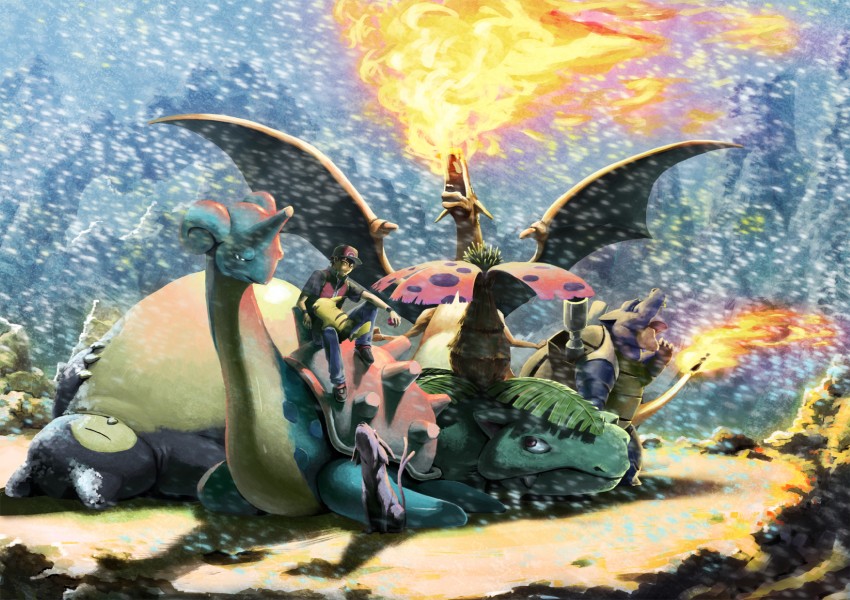 pikachu, red, charizard, espeon, snorlax, and 3 more (pokemon and 2 more) drawn by higashiyama_hayato