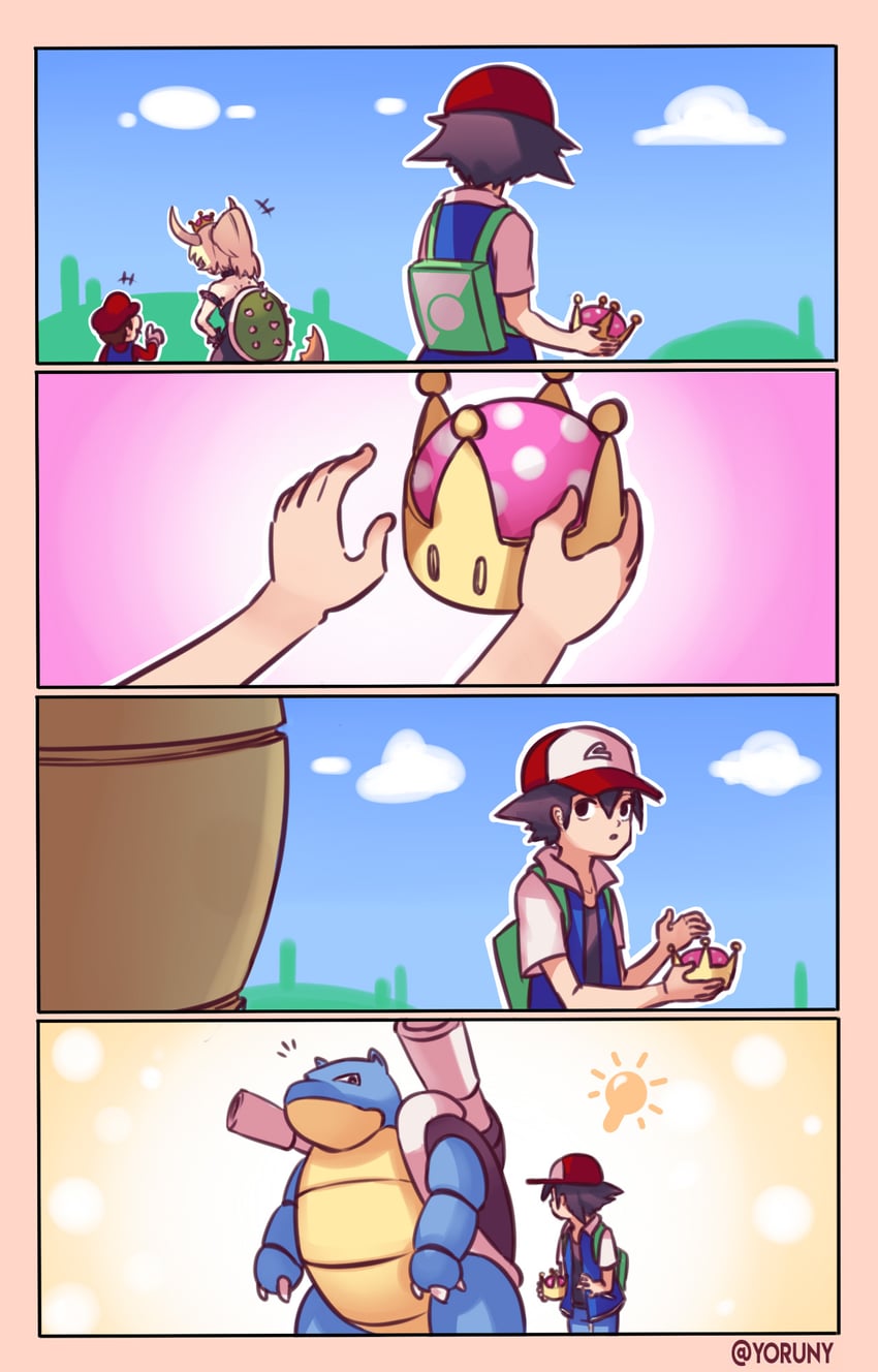 ash ketchum, mario, bowsette, and blastoise (pokemon and 2 more) drawn by yoruny