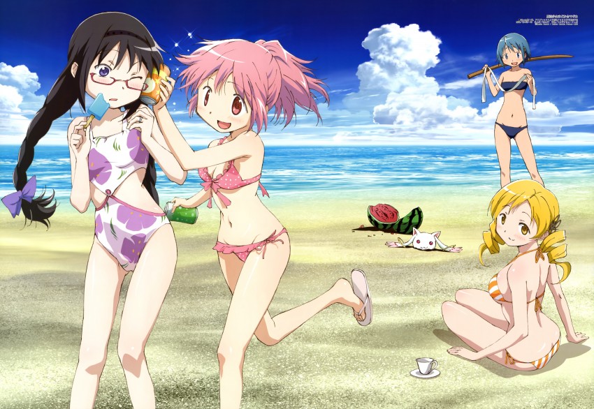 akemi homura, kaname madoka, miki sayaka, tomoe mami, and kyubey (mahou shoujo madoka magica and 1 more) drawn by taniguchi_jun'ichirou