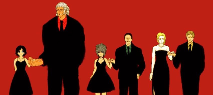 shizuku murasaki, machi komacine, uvogin, phinks magcub, pakunoda, and 1 more (hunter x hunter) drawn by hanba_guyokota