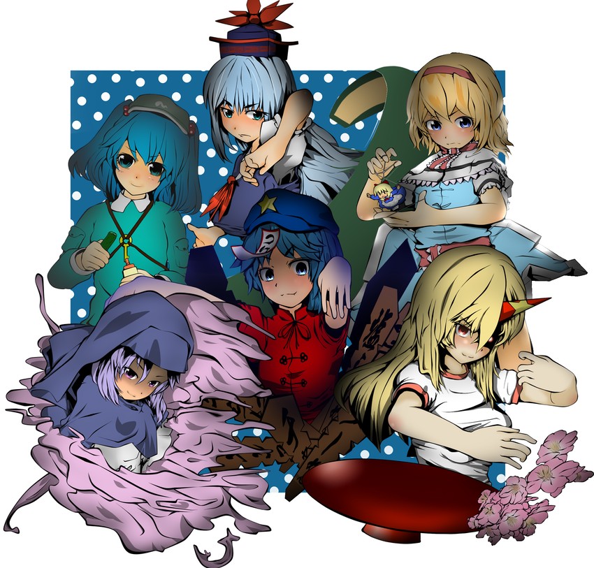 alice margatroid, kawashiro nitori, kamishirasawa keine, hoshiguma yuugi, miyako yoshika, and 1 more (touhou) drawn by machi_no_dakashiya