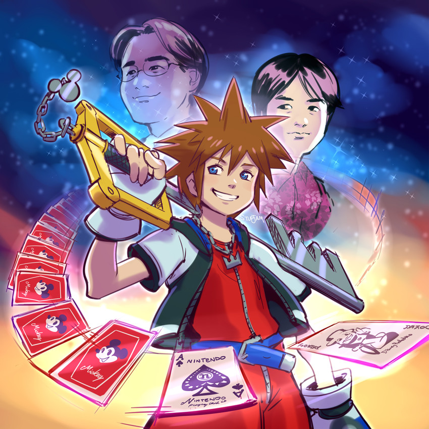 sora, mickey mouse, sakurai masahiro, iwata satoru, and jiminy cricket (real life and 5 more) drawn by stup-jam