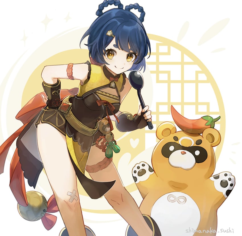 xiangling and guoba (genshin impact) drawn by shimanaka_(shimanaka_sushi)