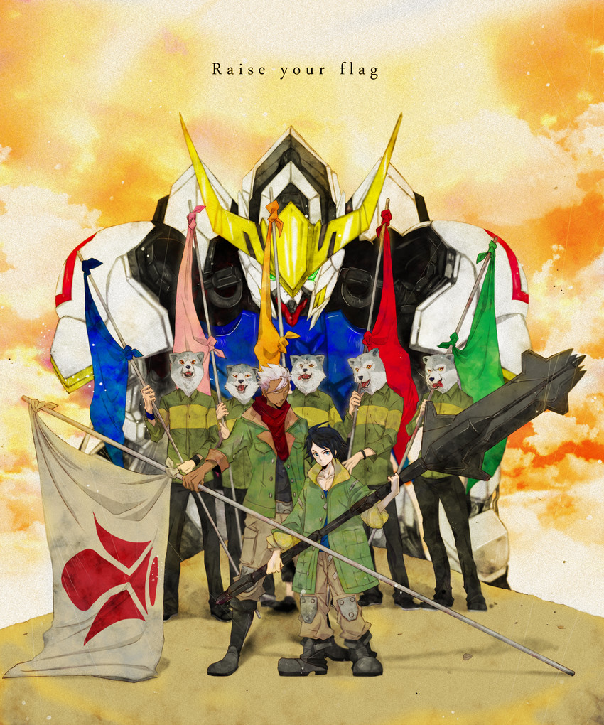 mikazuki augus, gundam barbatos, orga itsuka, jean-ken johnny, kamikaze boy, and 3 more (gundam and 2 more) drawn by kyanonshi