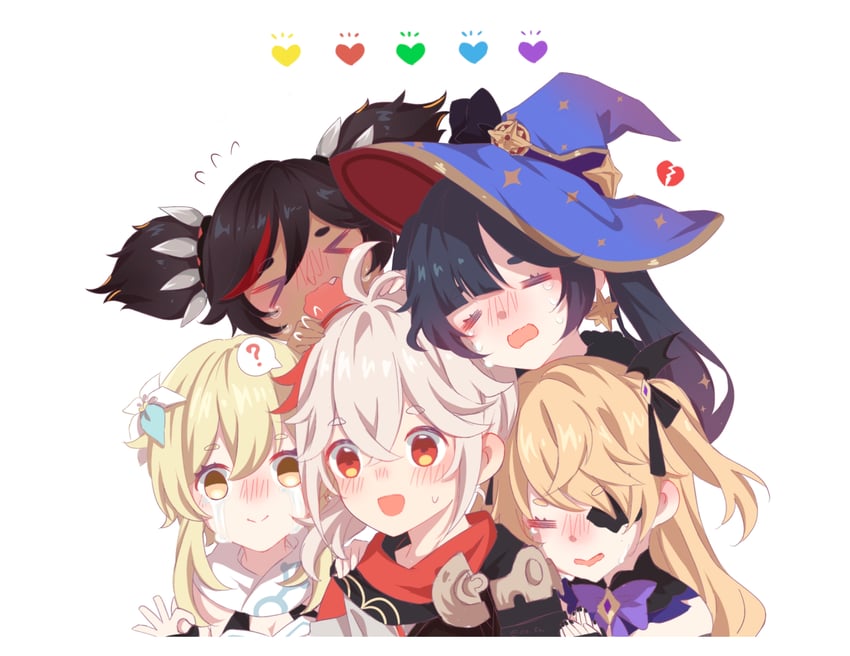 lumine, mona, kaedehara kazuha, fischl, and xinyan (genshin impact) drawn by cricriz