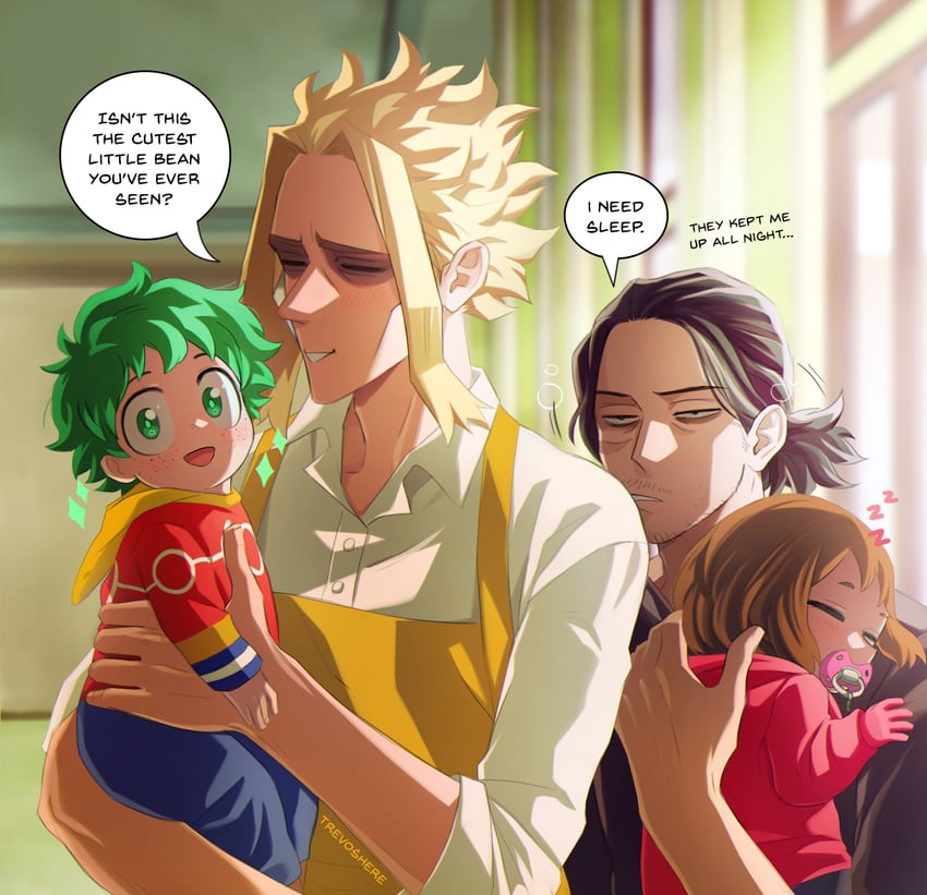 midoriya izuku, uraraka ochaco, aizawa shota, and yagi toshinori (boku no hero academia) drawn by trevo_(trevoshere)