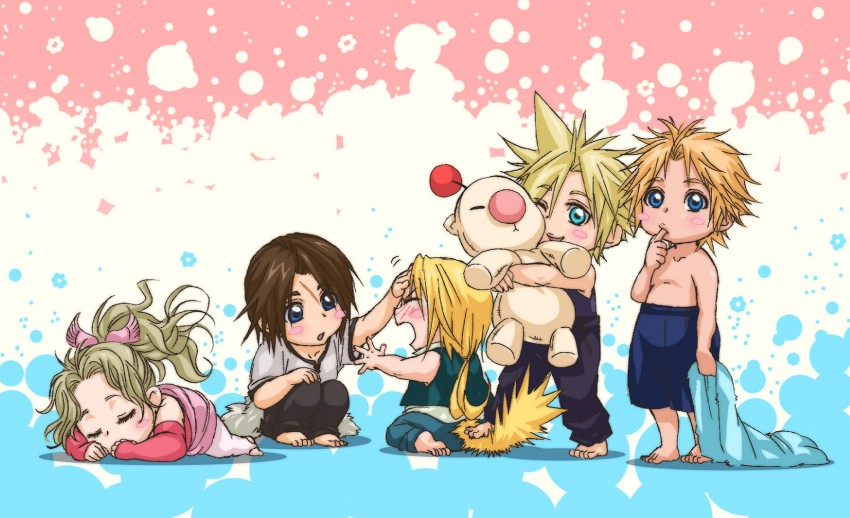 cloud strife, terra branford, moogle, squall leonhart, zidane tribal, and 1 more (final fantasy and 6 more) drawn by applemac