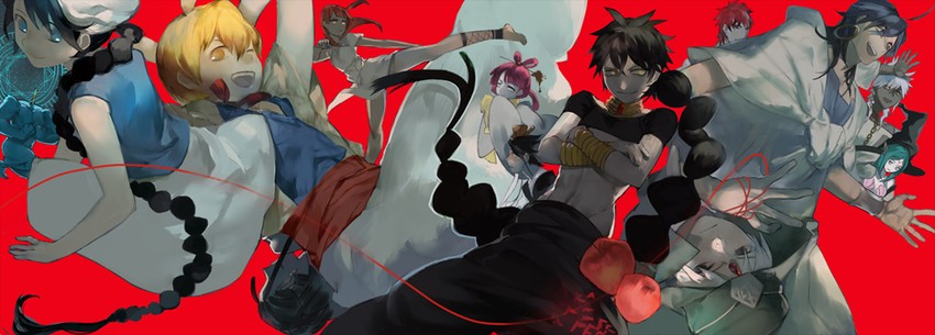morgiana, aladdin, alibaba saluja, judal, ren kougyoku, and 7 more (magi the labyrinth of magic) drawn by lanka