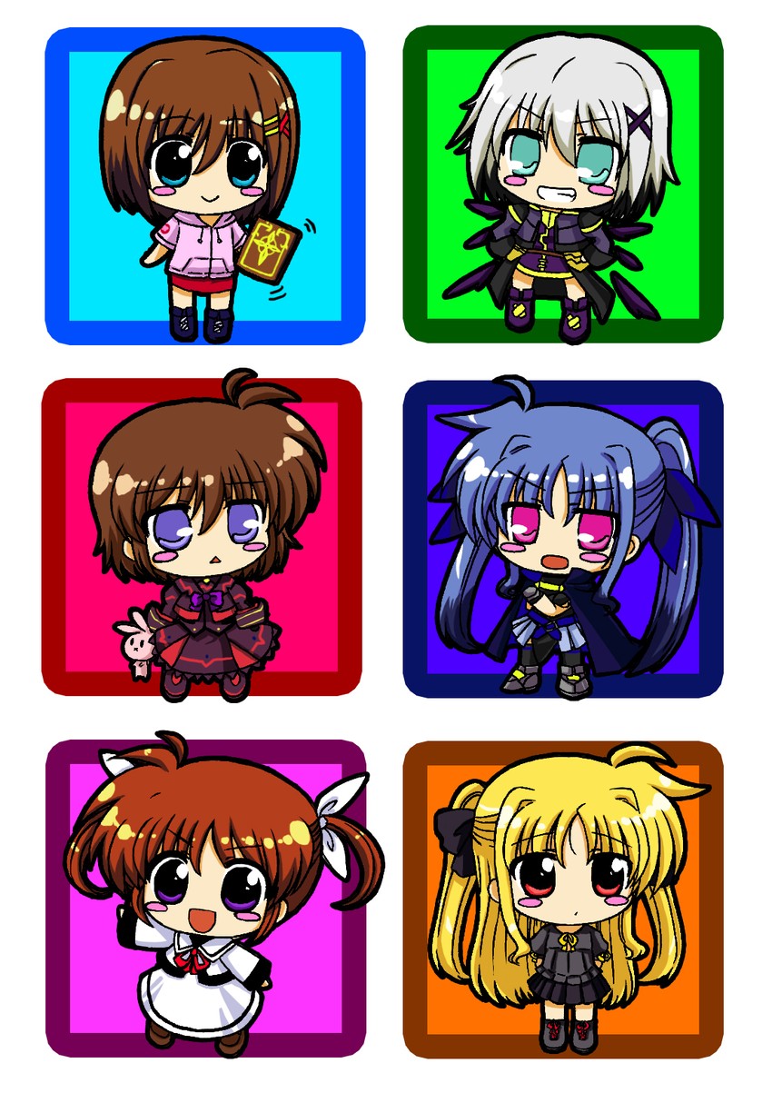 fate testarossa, takamachi nanoha, yagami hayate, tome of the night sky, stern the destructor, and 2 more (lyrical nanoha and 3 more) drawn by wakita_piyosuke