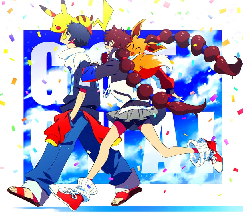 pikachu, eevee, gotcha! girl, and gotcha! boy (pokemon and 1 more) drawn by roku_(gansuns)