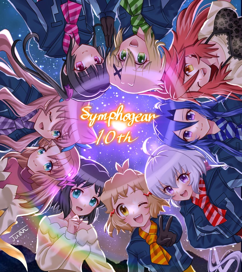 yukine chris, tachibana hibiki, akatsuki kirika, tsukuyomi shirabe, kazanari tsubasa, and 4 more (senki zesshou symphogear) drawn by juan_o121