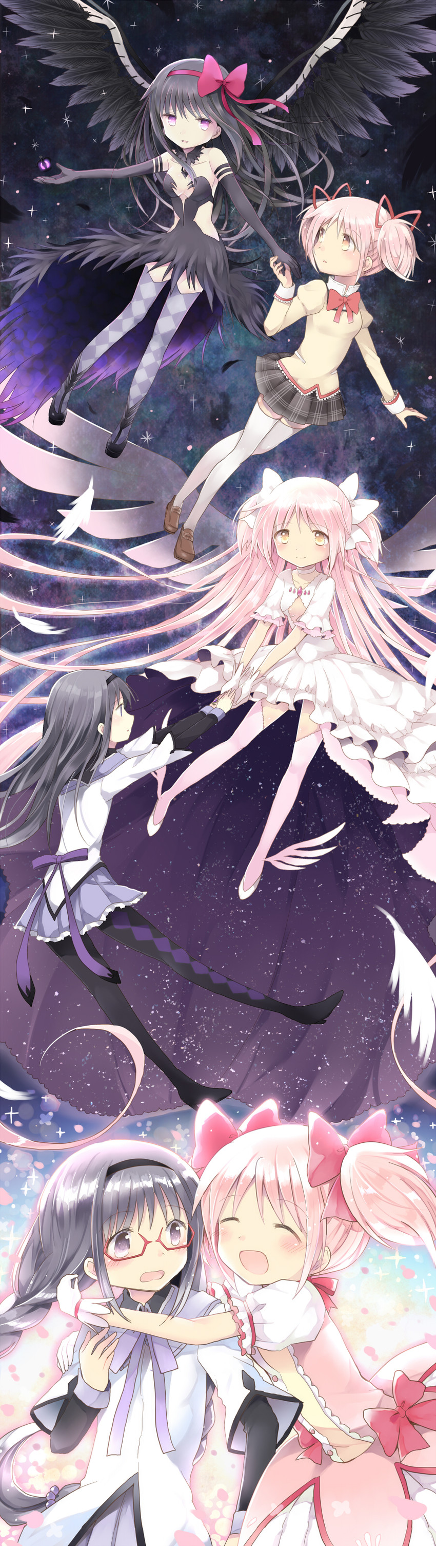 akemi homura, kaname madoka, ultimate madoka, and akuma homura (mahou shoujo madoka magica and 1 more) drawn by gum_(vivid_garden)
