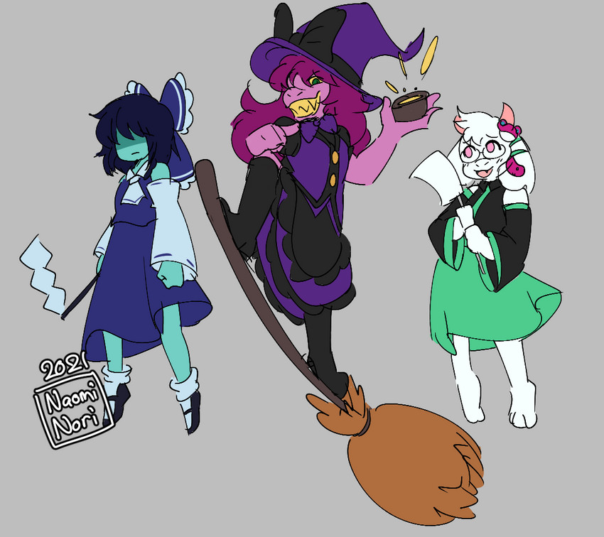 hakurei reimu, kirisame marisa, kochiya sanae, kris, ralsei, and 1 more (touhou and 1 more) drawn by naominori