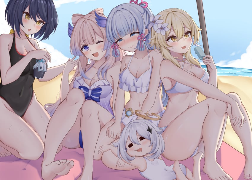 lumine, paimon, kamisato ayaka, sangonomiya kokomi, and kujou sara (genshin impact) drawn by patomu