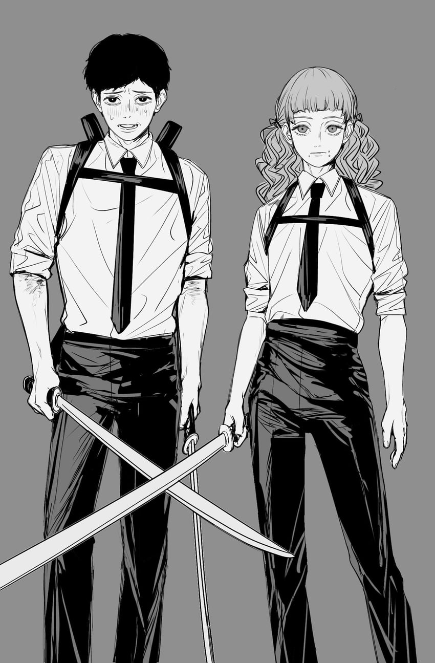 marina and levi (chainsaw man and 2 more) drawn by amikoiiko