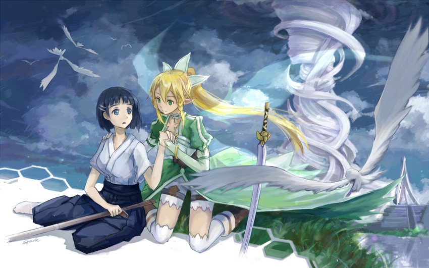 kirigaya suguha and leafa (sword art online) drawn by spark_(sandro)