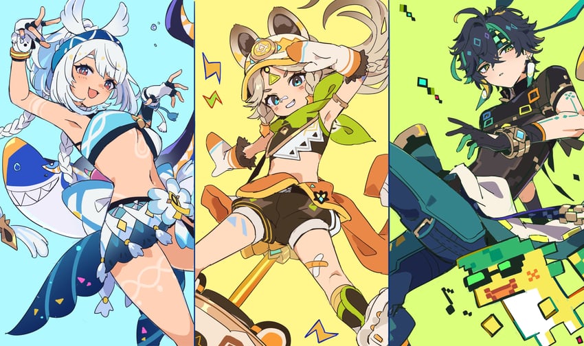 mualani, kinich, kachina, and ajaw (genshin impact) drawn by awe_(adorableduckyy)