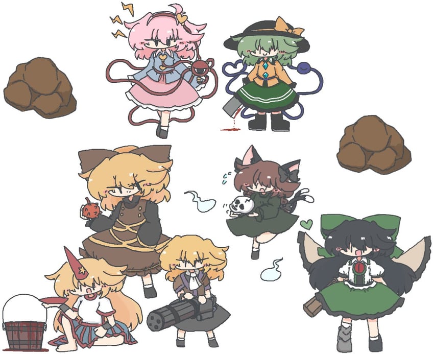 komeiji koishi, komeiji satori, kaenbyou rin, reiuji utsuho, mizuhashi parsee, and 2 more (touhou and 1 more) drawn by kuuinusuki