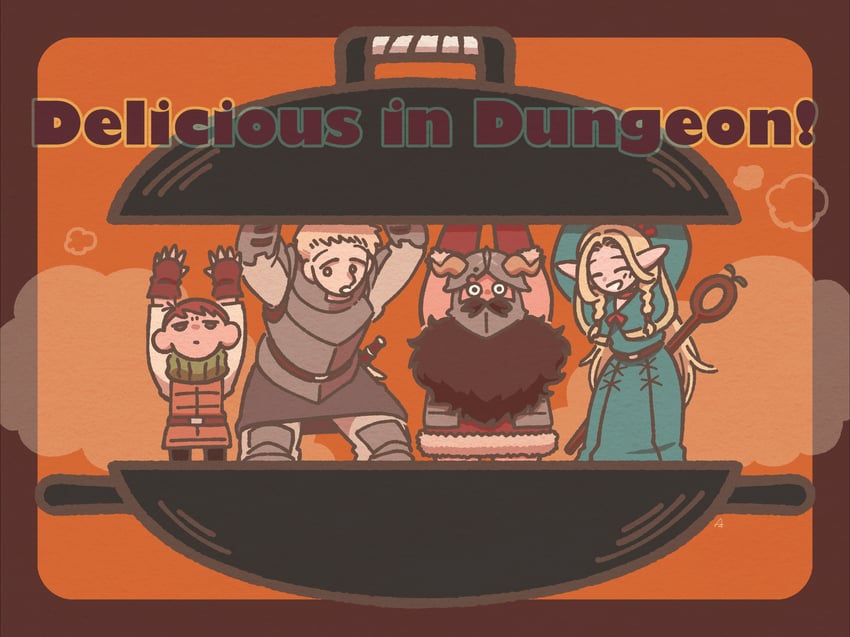 marcille donato, laios touden, senshi, and chilchuck tims (dungeon meshi) drawn by azuz097