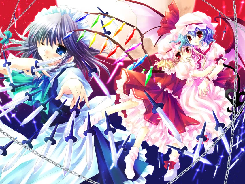 remilia scarlet, flandre scarlet, and izayoi sakuya (touhou) drawn by sakurazawa_izumi