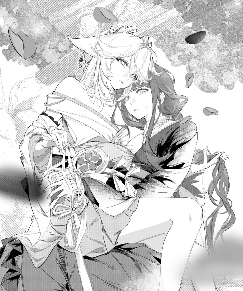 raiden shogun and yae miko (genshin impact) drawn by wozhidaoniedannibieshenmedouchi