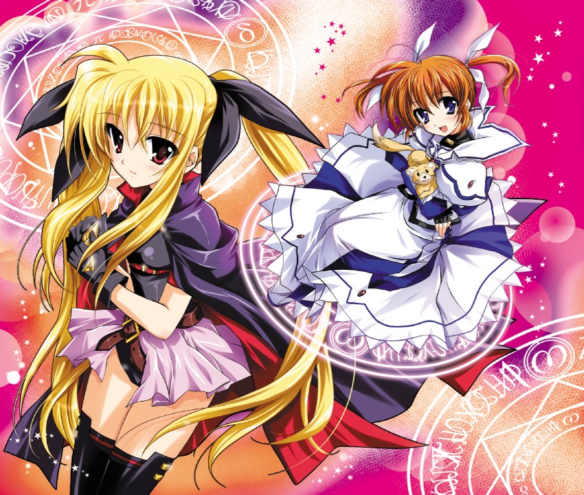 fate testarossa, takamachi nanoha, bardiche, and yuuno scrya (lyrical nanoha and 2 more) drawn by kanna_(plum)
