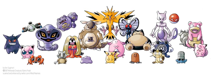 pikachu, gengar, jigglypuff, meowth, magnemite, and 18 more (pokemon and 1 more) drawn by sugimori_ken
