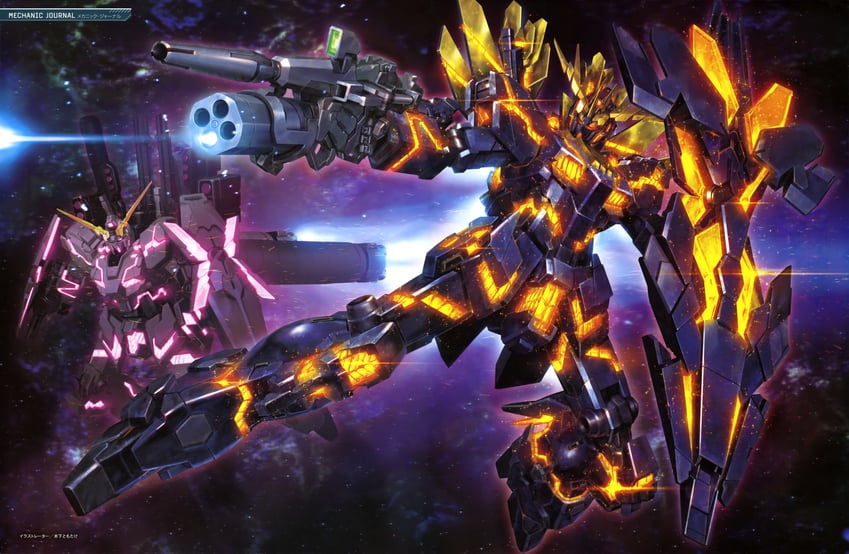 unicorn gundam, unicorn gundam banshee, and full armor unicorn gundam (gundam and 2 more) drawn by kinoshita_tomotake