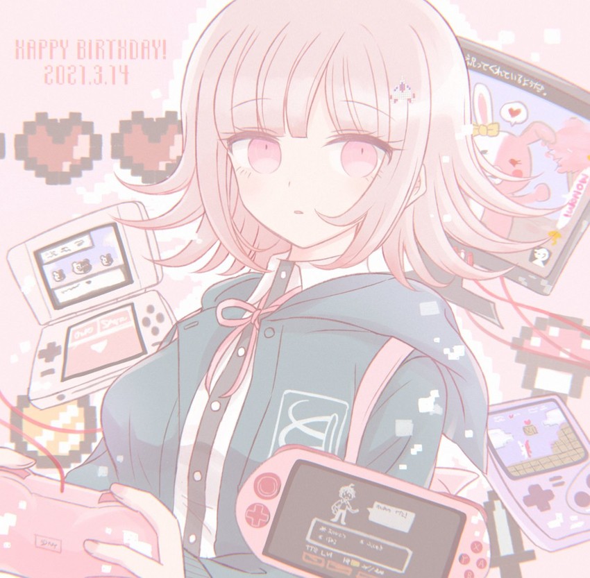 nanami chiaki, hinata hajime, monokuma, and monomi (danganronpa and 4 more) drawn by 8takenokonosato8