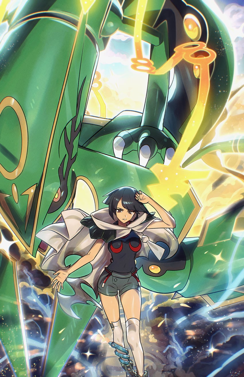 rayquaza, zinnia, and mega rayquaza (pokemon and 1 more) drawn by ryairyai