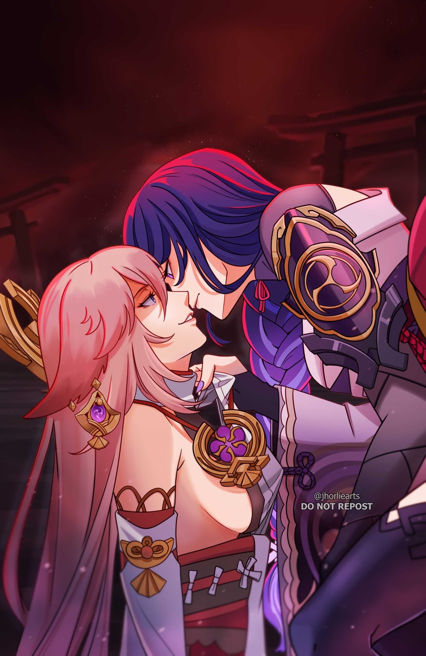 raiden shogun and yae miko (genshin impact) drawn by jhorliearts
