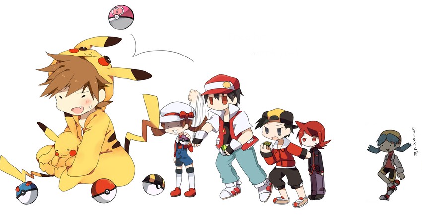 pikachu, red, ethan, blue oak, lyra, and 2 more (pokemon and 2 more) drawn by henachoko