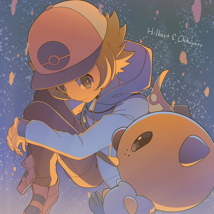 hilbert and oshawott (pokemon and 1 more) drawn by serihara