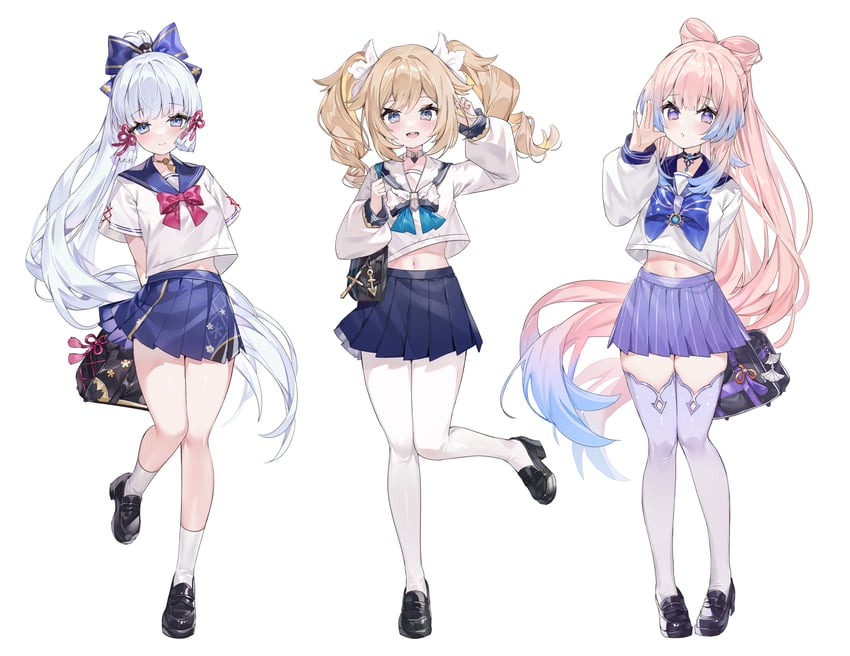 kamisato ayaka, sangonomiya kokomi, and barbara (genshin impact) drawn by yuia