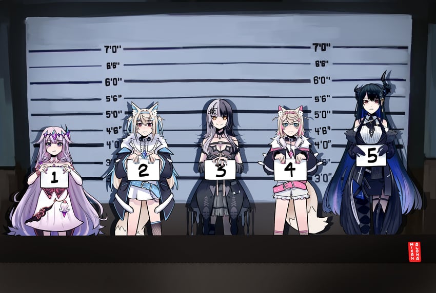shiori novella, nerissa ravencroft, fuwawa abyssgard, mococo abyssgard, and koseki bijou (hololive and 1 more) drawn by alohamikan