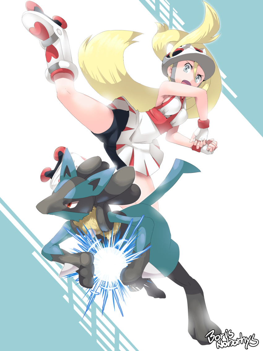 lucario and korrina (pokemon and 1 more) drawn by boris_(noborhys)