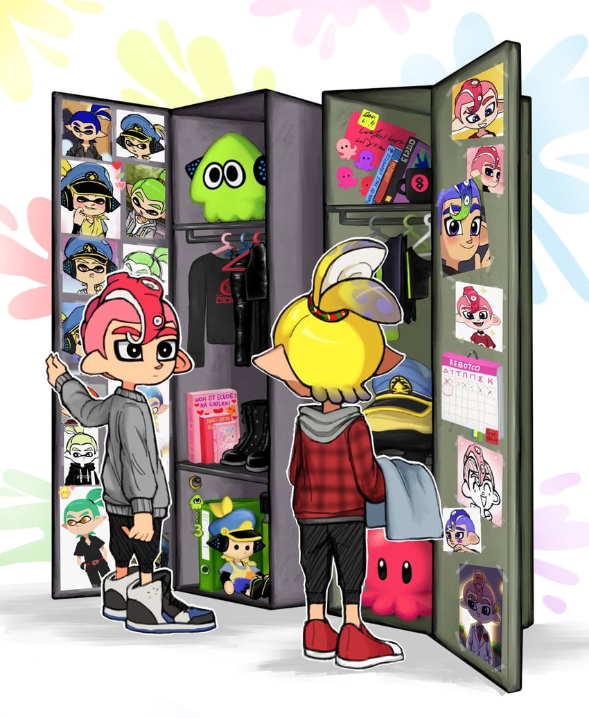 inkling player character, octoling player character, inkling boy, agent 8, octoling boy, and 1 more (splatoon) drawn by yurami18