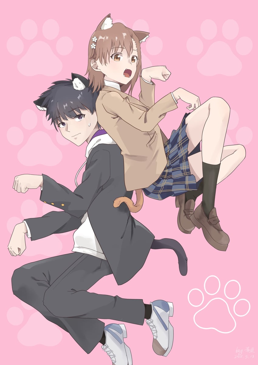 misaka mikoto and kamijou touma (toaru majutsu no index and 1 more) drawn by rakko_yumiya